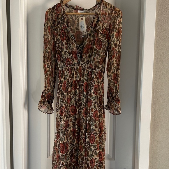 Sundance Litzy Bloom Dress Floral Ruffle Long Sleeve Boho Midi Sheer PL - Picture 2 of 7